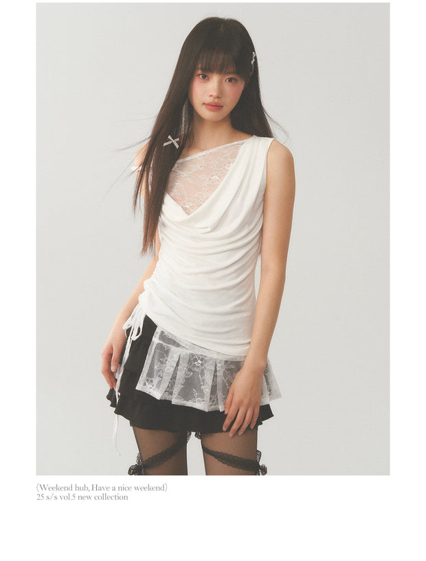 Asymmetric Lace Cut Drape Top