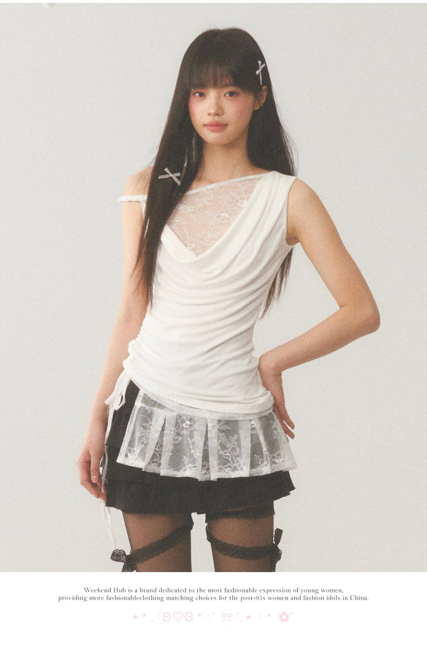 Asymmetric Lace Cut Drape Top