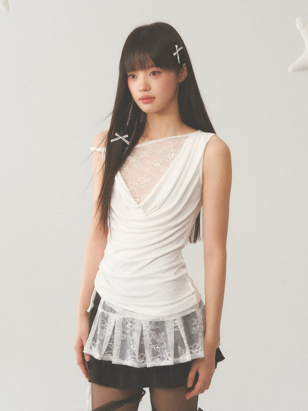 Asymmetric Lace Cut Drape Top