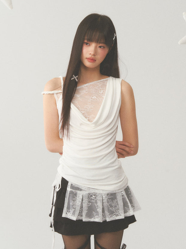 Asymmetric Lace Cut Drape Top