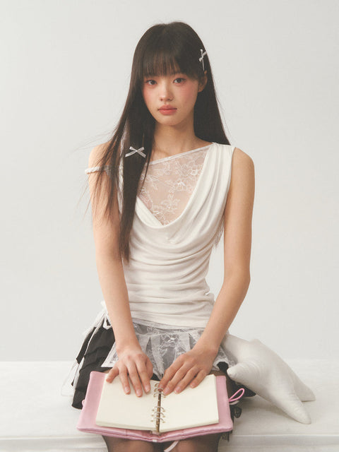 Asymmetric Lace Cut Drape Top