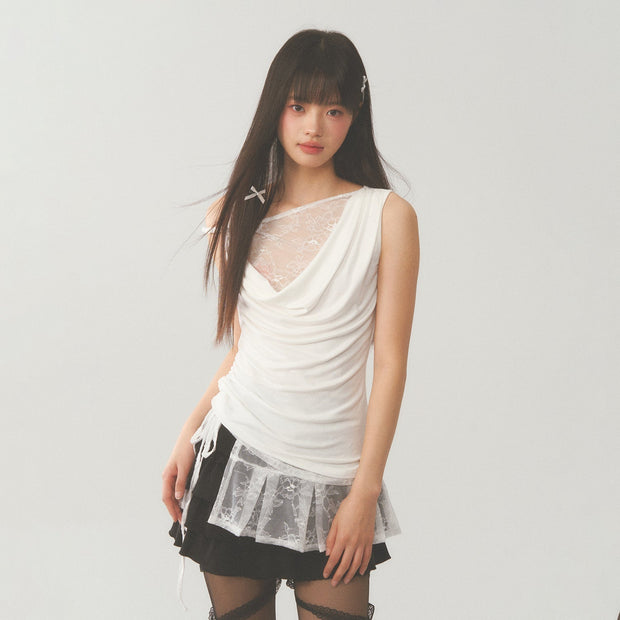 Asymmetric Lace Cut Drape Top