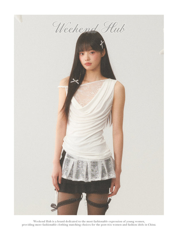 Asymmetric Lace Cut Drape Top