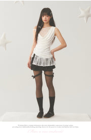 Pleat White Lace Short Skirt