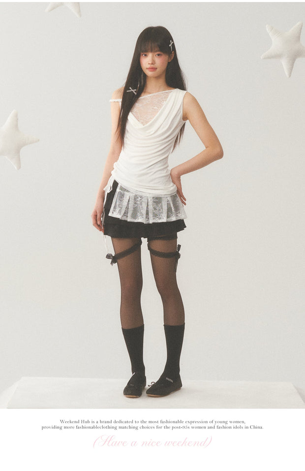 Pleat White Lace Short Skirt