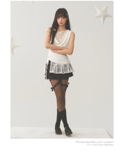 Pleat White Lace Short Skirt