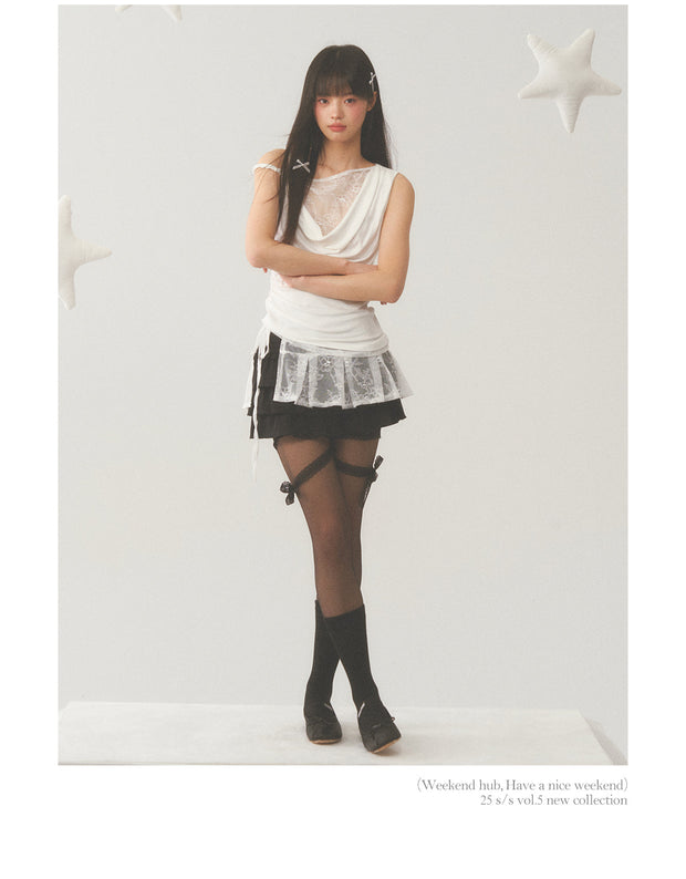 Pleat White Lace Short Skirt