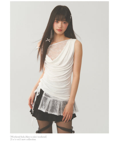 Pleat White Lace Short Skirt