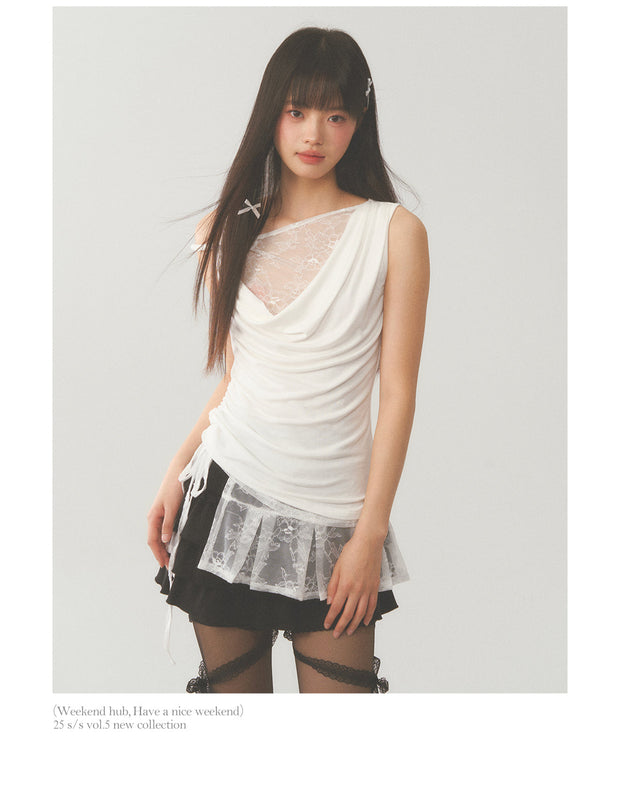 Pleat White Lace Short Skirt