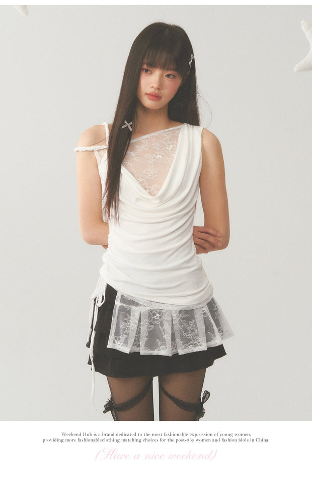 Pleat White Lace Short Skirt