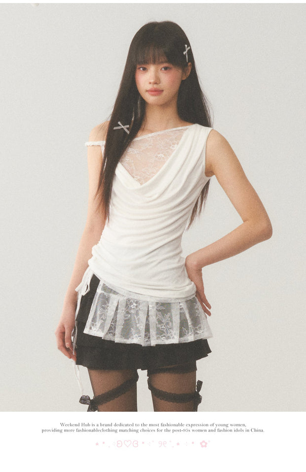 Pleat White Lace Short Skirt