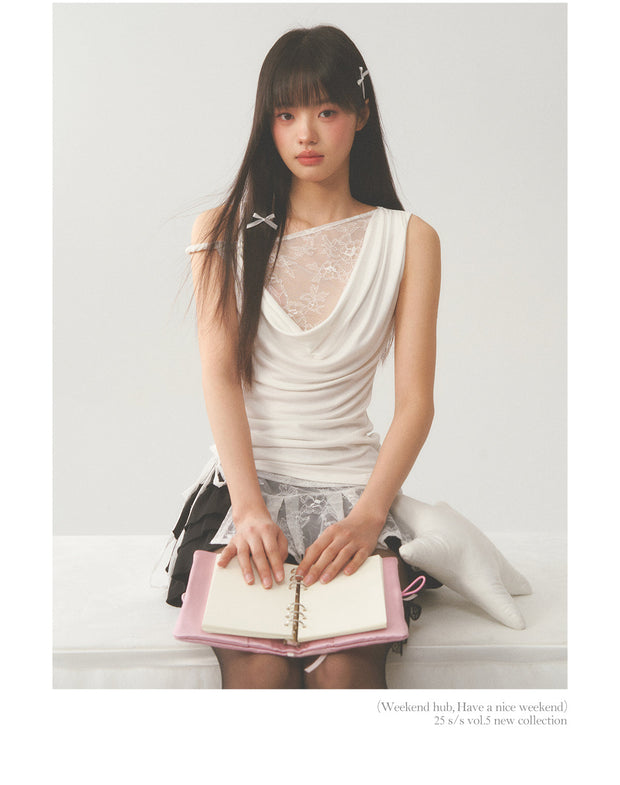 Pleat White Lace Short Skirt
