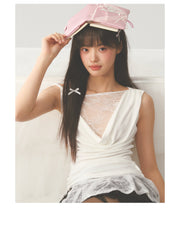 Pleat White Lace Short Skirt