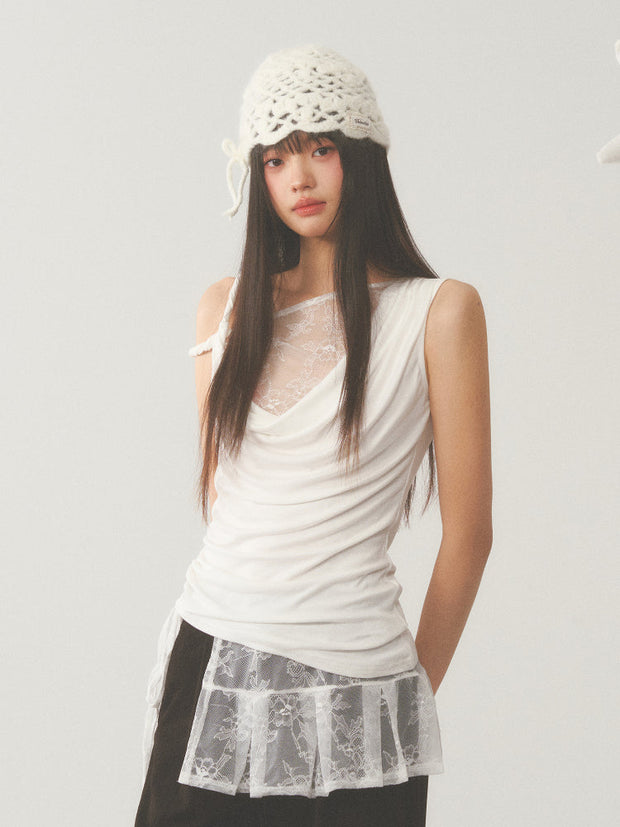 Pleat White Lace Short Skirt