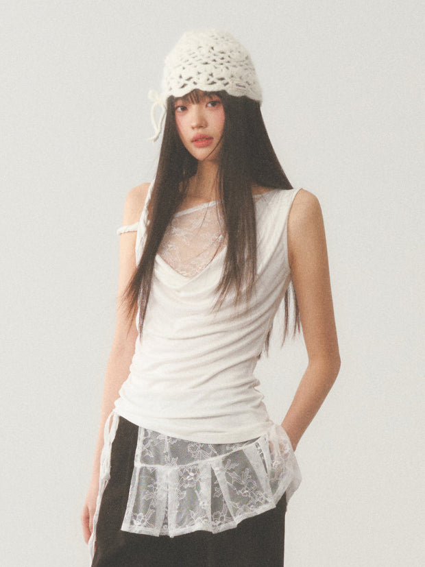 Pleat White Lace Short Skirt