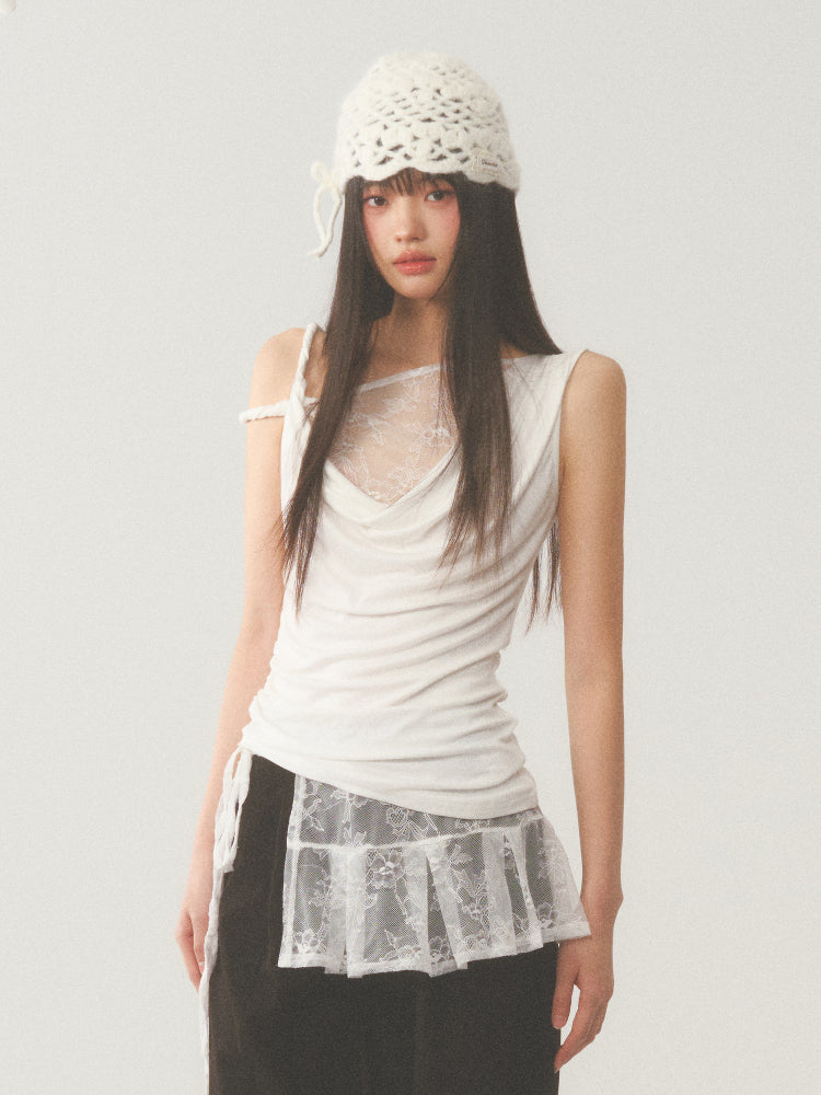 Pleat White Lace Short Skirt