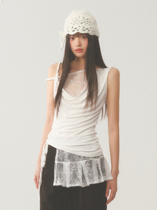 Pleat White Lace Short Skirt