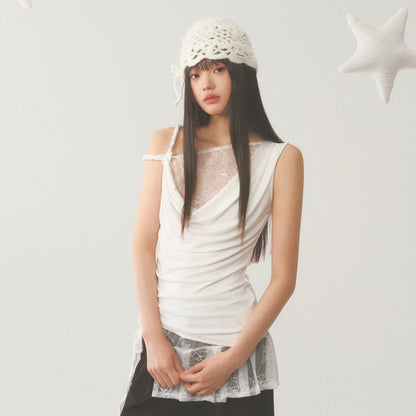 Pleat White Lace Short Skirt