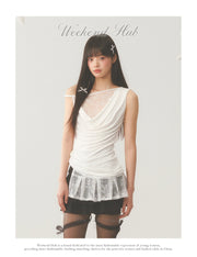 Pleat White Lace Short Skirt