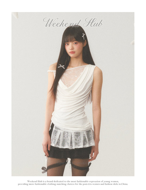 Pleat White Lace Short Skirt