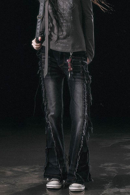 Washed Black Fringe Jeans - My Store