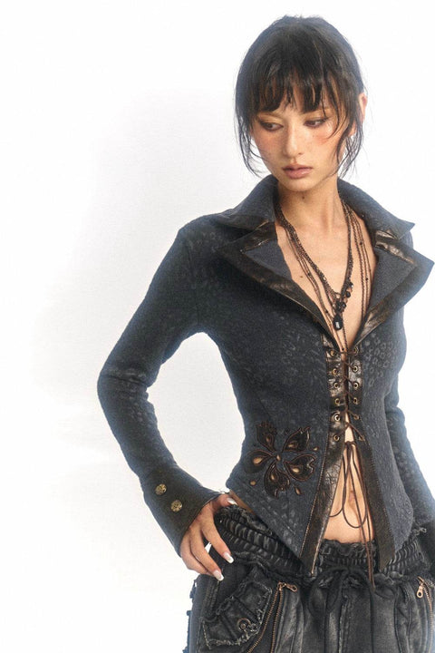 Embroidered Lace-Up Cardigan - My Store