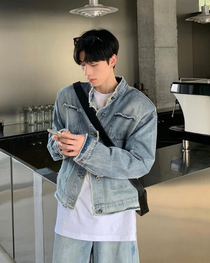 Raw Edge Stand Collar Denim Jacket & Wide Denim Pants