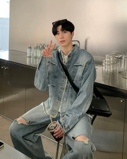 Raw Edge Stand Collar Denim Jacket & Wide Denim Pants