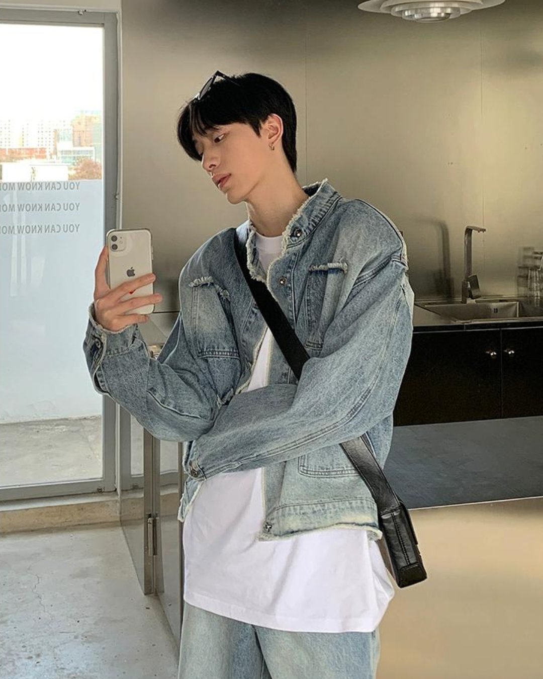 Raw Edge Stand Collar Denim Jacket & Wide Denim Pants