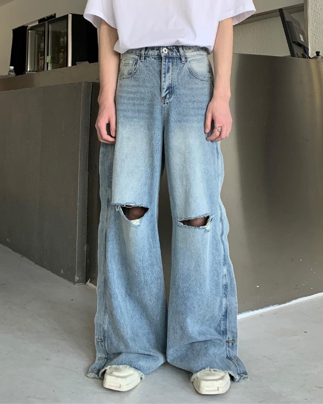 Raw Edge Stand Collar Denim Jacket & Wide Denim Pants