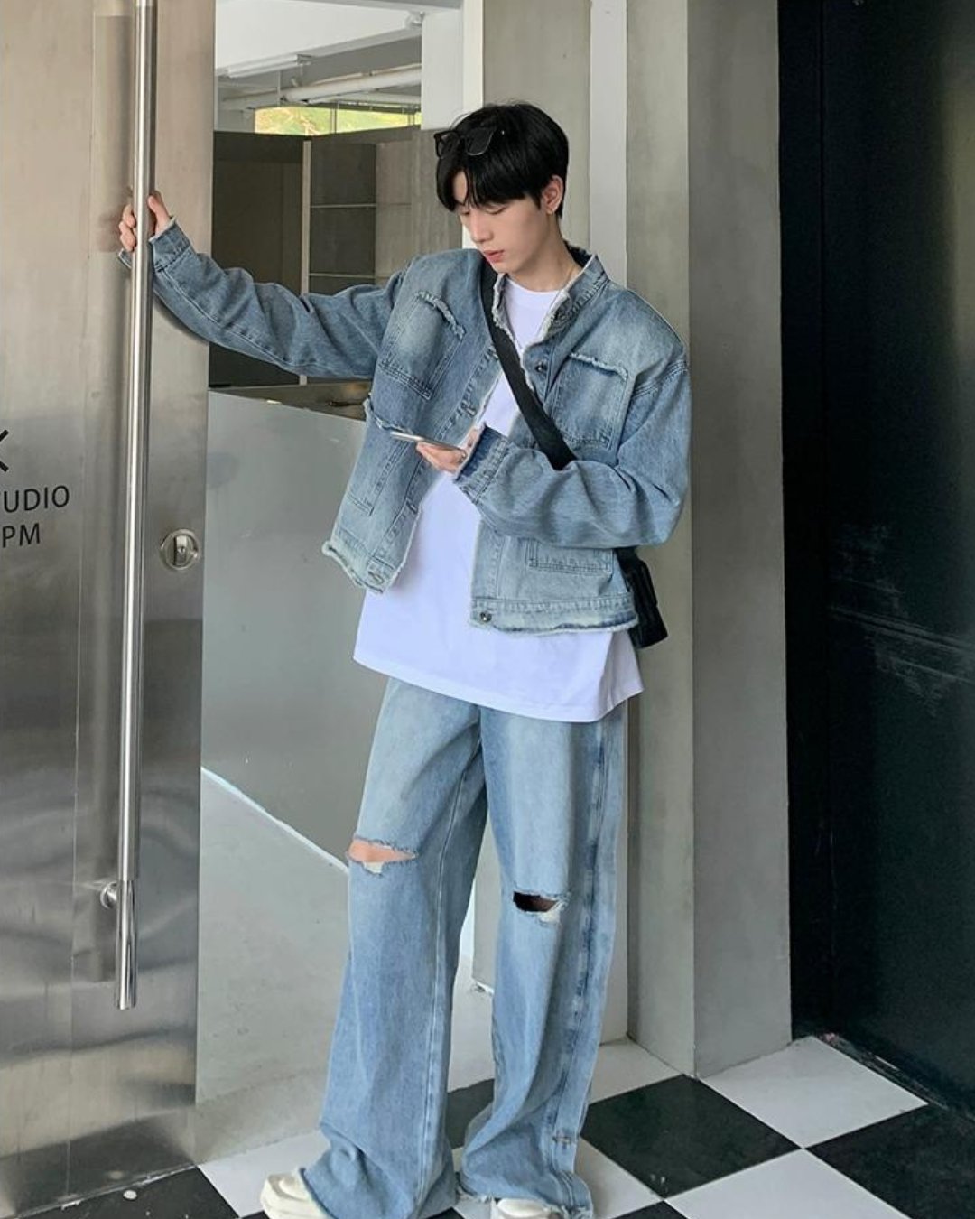 Raw Edge Stand Collar Denim Jacket & Wide Denim Pants