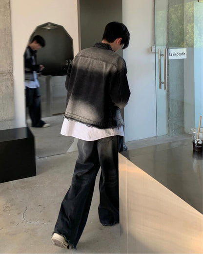 Raw Edge Stand Collar Denim Jacket & Wide Denim Pants