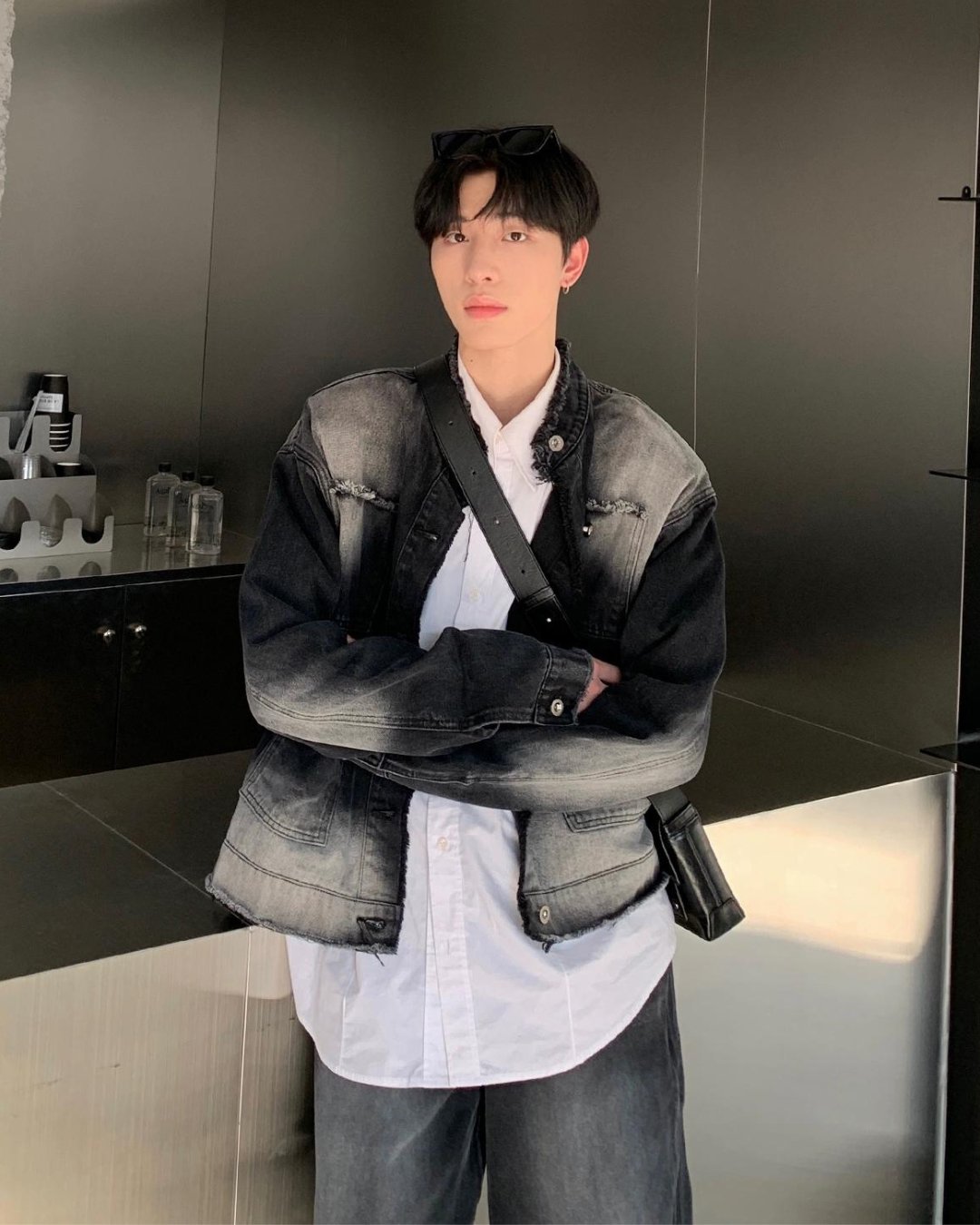 Raw Edge Stand Collar Denim Jacket & Wide Denim Pants