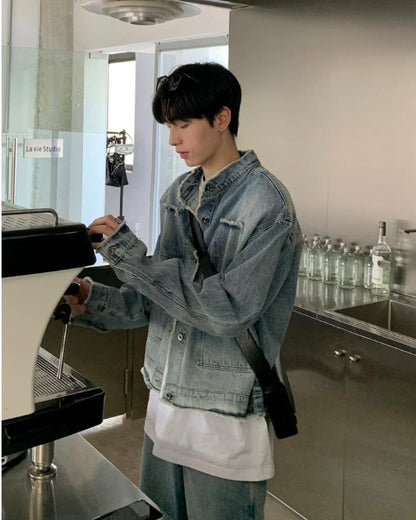 Raw Edge Stand Collar Denim Jacket & Wide Denim Pants