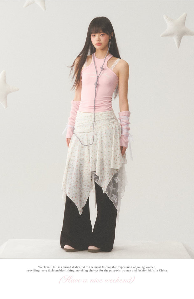 White Lace Accent Strap  Pink Top