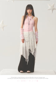 White Lace Accent Strap  Pink Top