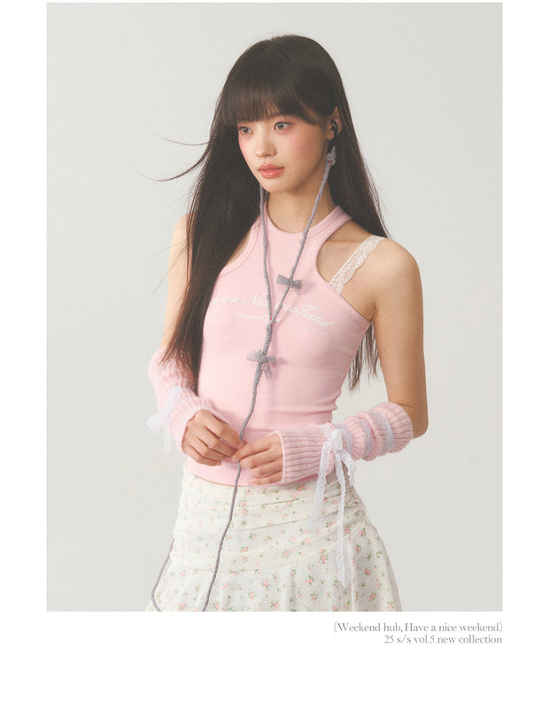 White Lace Accent Strap  Pink Top