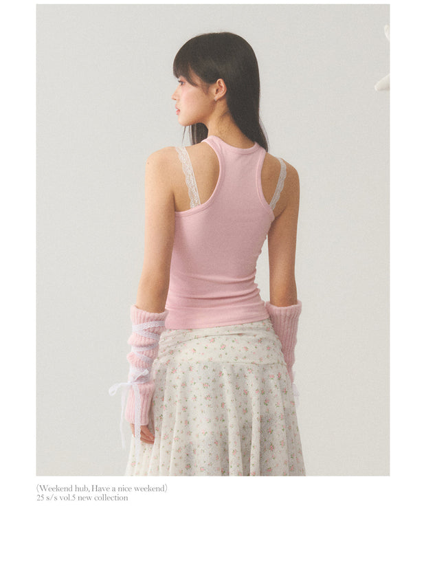 White Lace Accent Strap  Pink Top