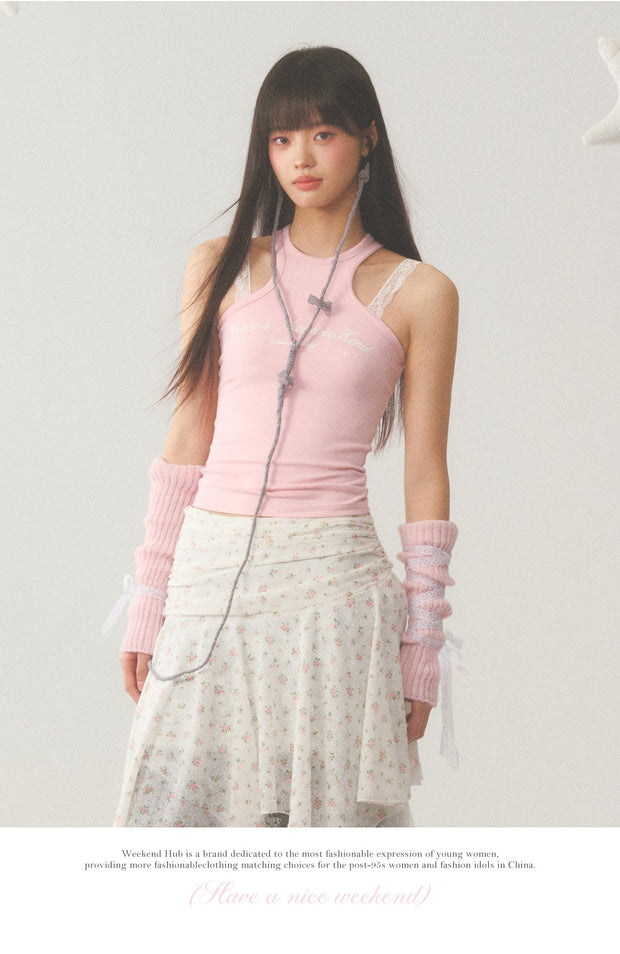 White Lace Accent Strap  Pink Top