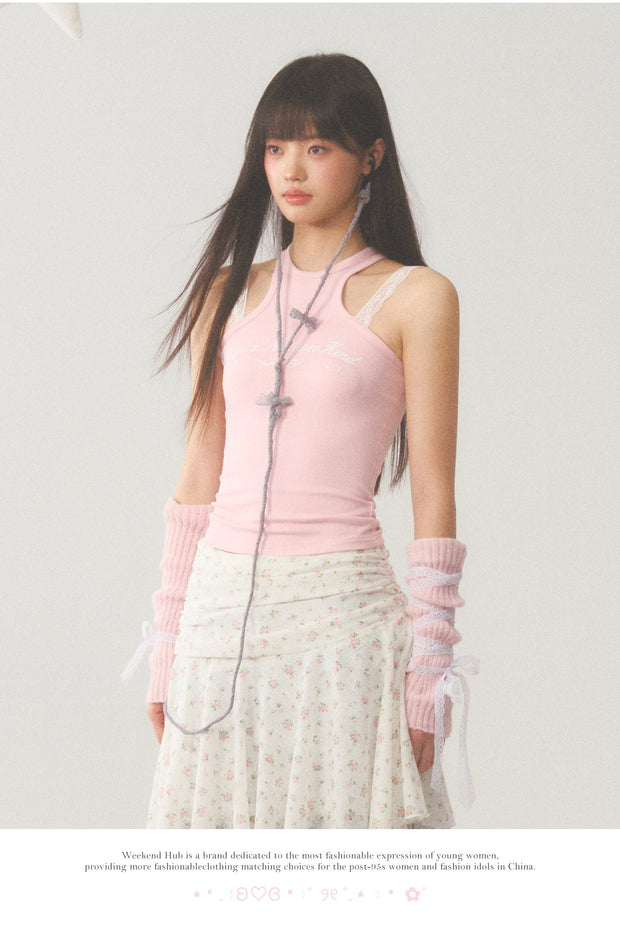 White Lace Accent Strap  Pink Top