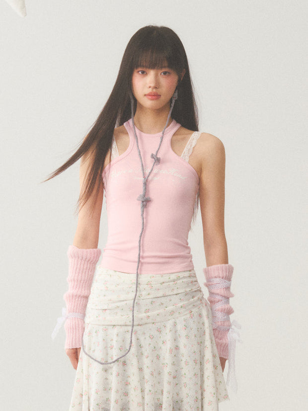 White Lace Accent Strap  Pink Top