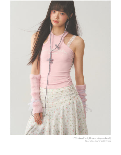 White Lace Accent Strap  Pink Top