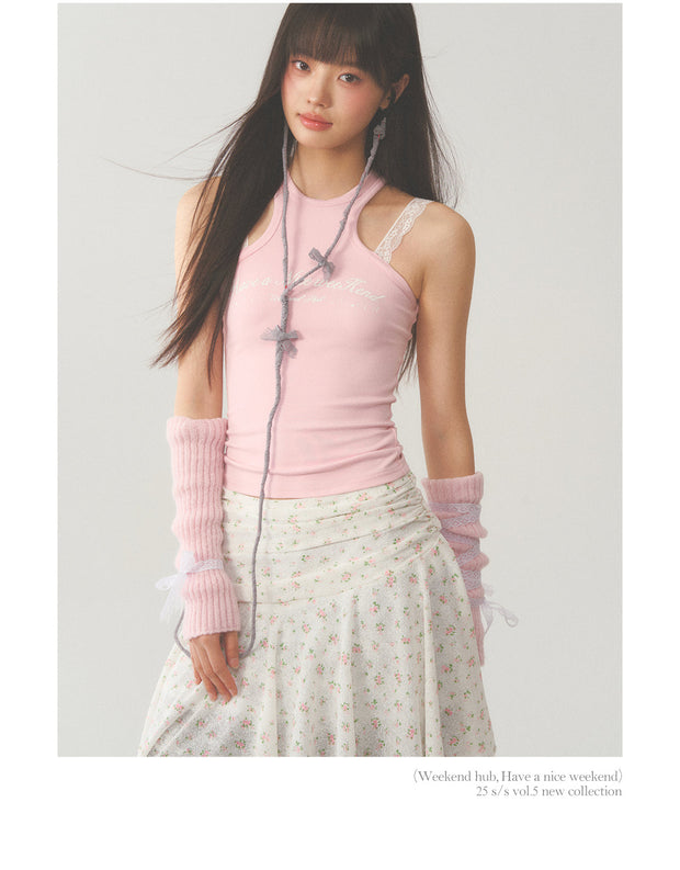 White Lace Accent Strap  Pink Top
