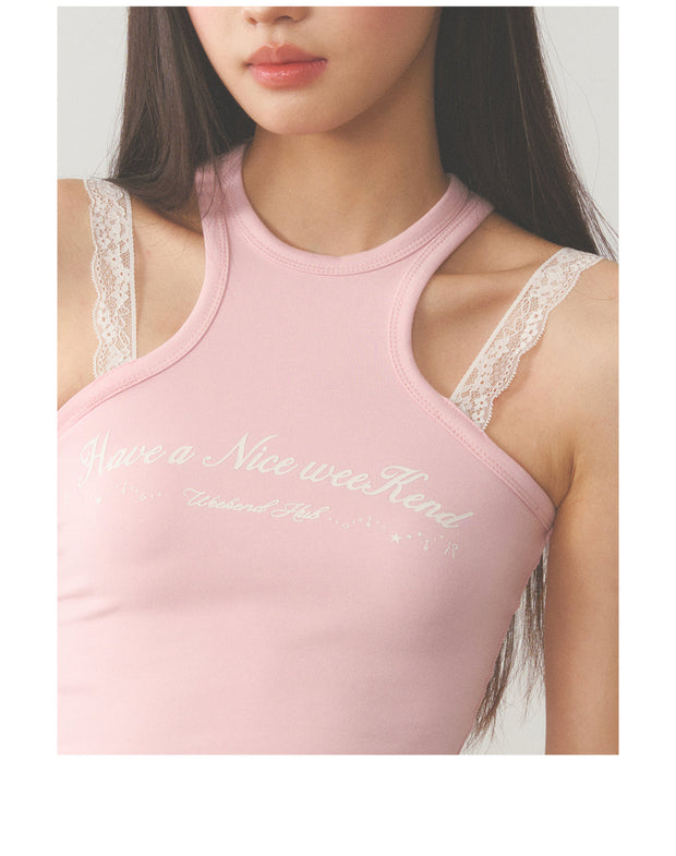 White Lace Accent Strap  Pink Top