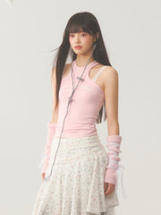 White Lace Accent Strap  Pink Top