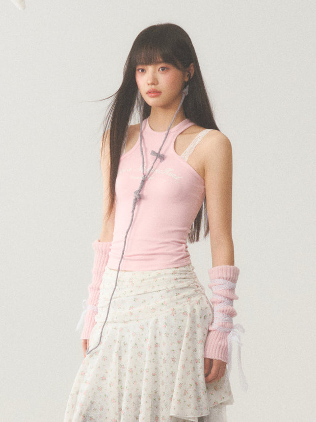 White Lace Accent Strap  Pink Top