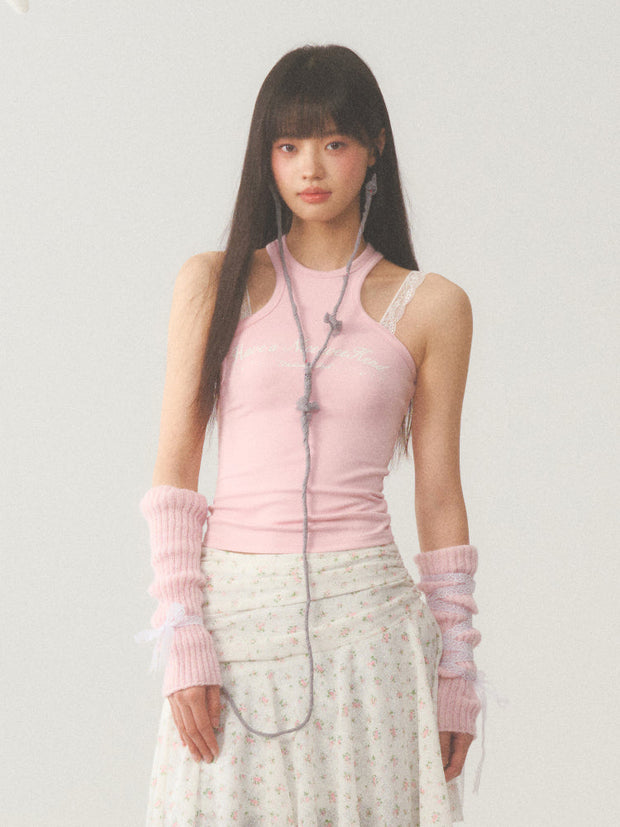 White Lace Accent Strap  Pink Top