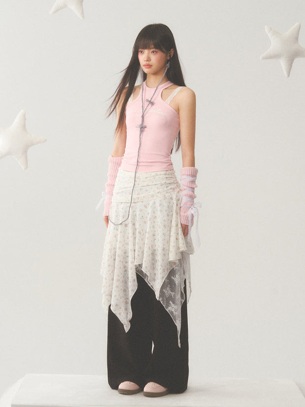 White Lace Accent Strap  Pink Top