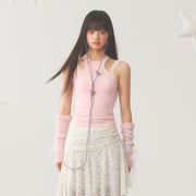 White Lace Accent Strap  Pink Top