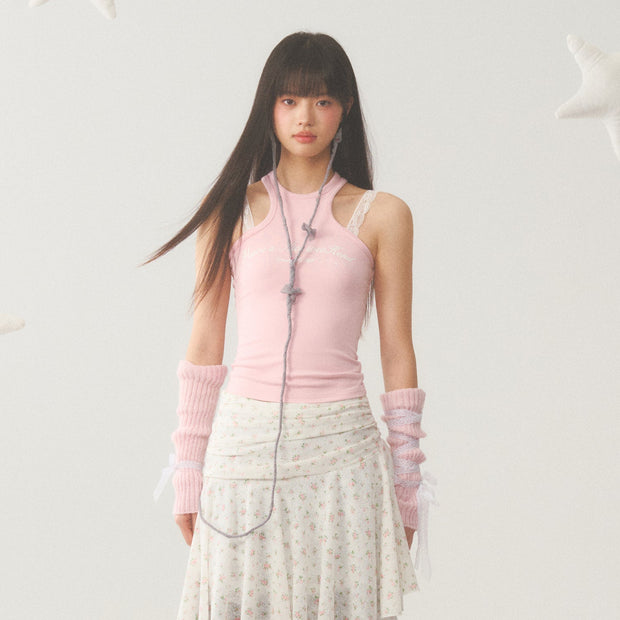 White Lace Accent Strap  Pink Top